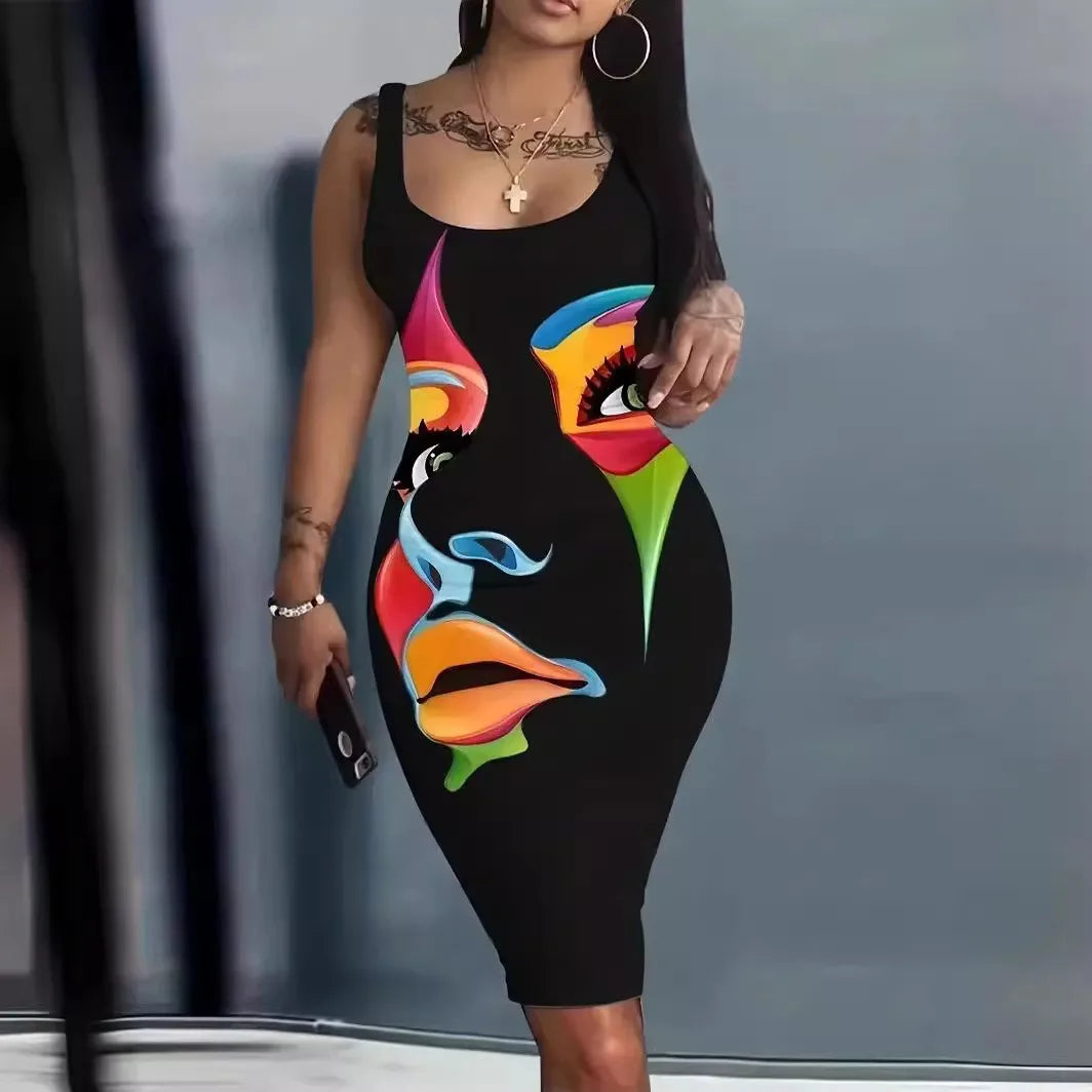 Plus Size Summer Women's Dresses  Fashion Contrast Heart Print U-Neck Sleeveless Casual Bodycon  Mini Dress