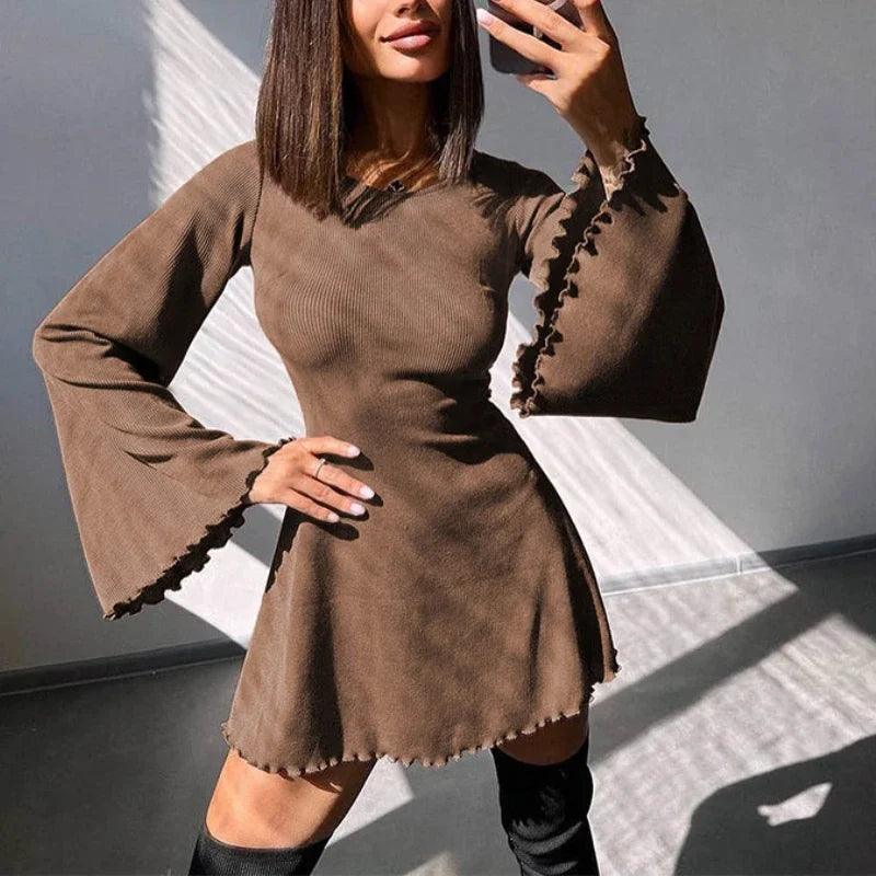 Sexy Dresses Nightclub Mini Short Party Dress Women Back Bandage O Neck A Line Flare Sleeves Autumn Vestidos Ladies Fall Robe