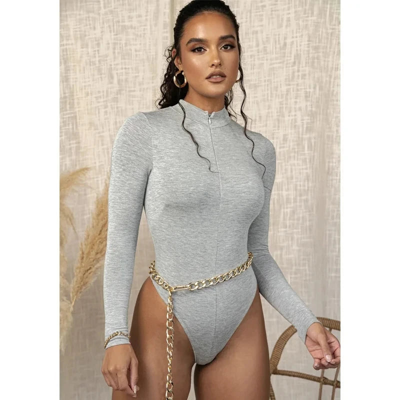 Solid Zipper Bodycon Bodysuits Women Sexy Mock Neck Autumn Long Sleeve Fashion Slim Basic Body Winter Gray Outfits Lady - KIMLUD