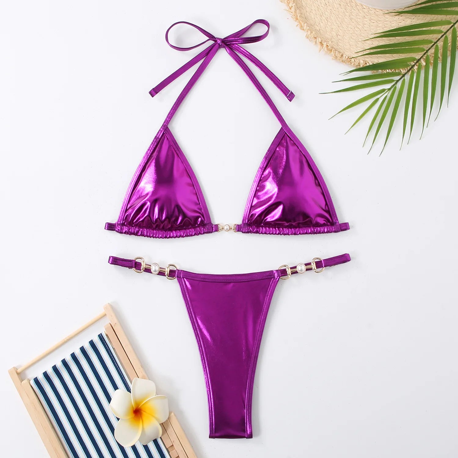 Sexy Micro Bikini 2024 Women Swimwear Metallic Halter Triangle Bikinis Sets Thong Swimsuit Female Bathing Suit Brazilian Biquini