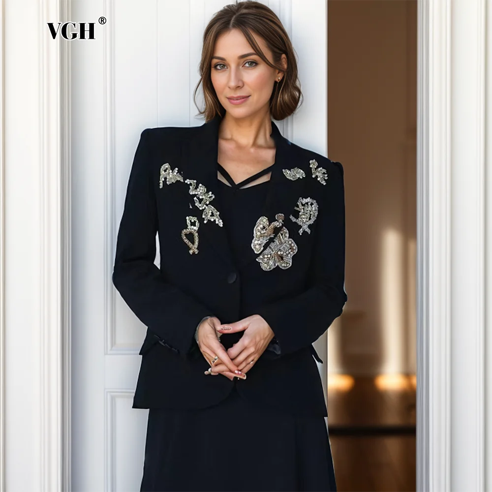 KIMLUD, VGH Casual Patchwork Diamonds Solid Blazers For Women Notched Collar Long Sleeve Spliced Button Slimming Blazer Female Fashion, KIMLUD Womens Clothes