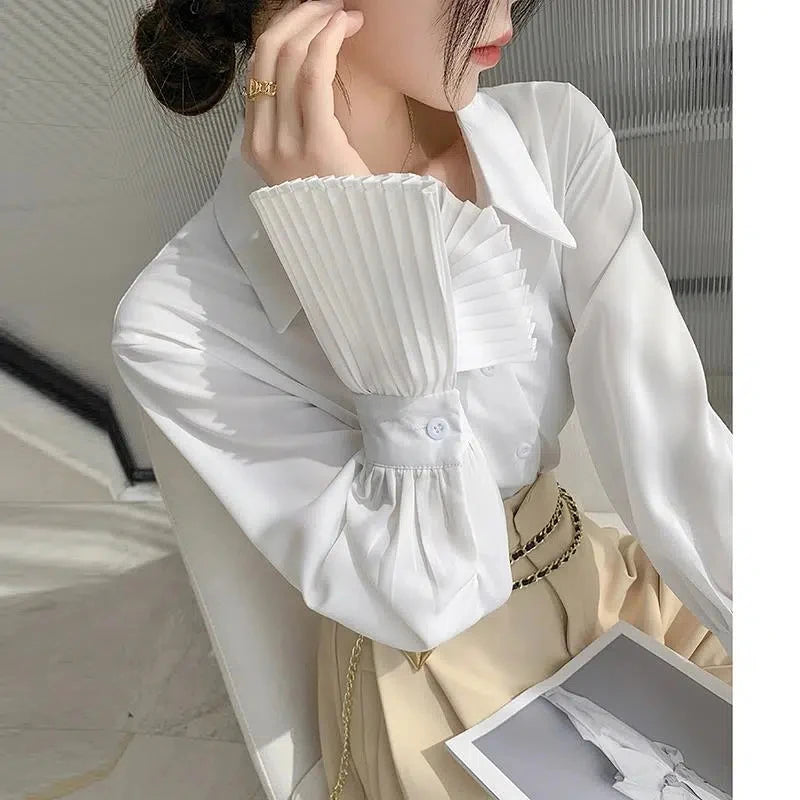 Jmprs Designed Women Flare Sleeve Women Shirts Office Ladies White Korean Fashion Fall Tops Elegant Button Up Female Shirt