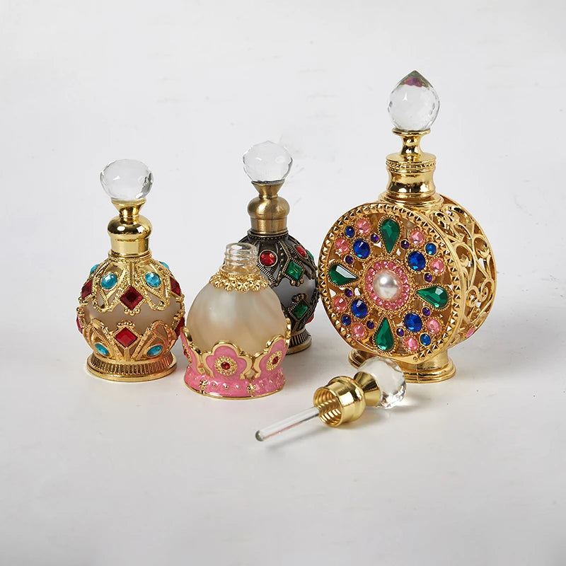 Enamel Painted Perfume Bottle 12/15ml Empty Vintage European Court Style Flower Pattern Hollow-out Refillable Crystal Cap Gift