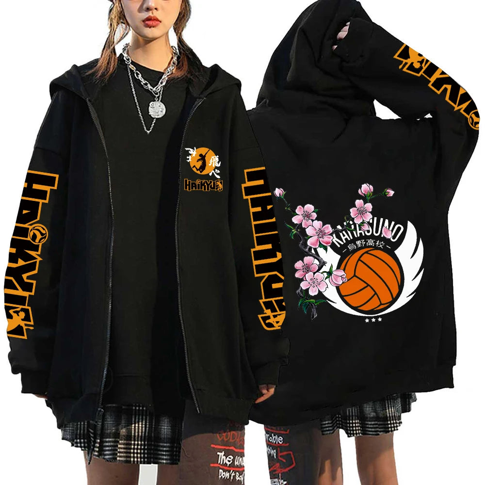 Women Men Anime Hoodie Haikyuu Zip Up Jacket Karasuno High School Plus Size Sweatshirt Harajuku Unisex Autumn Warm Streetwear