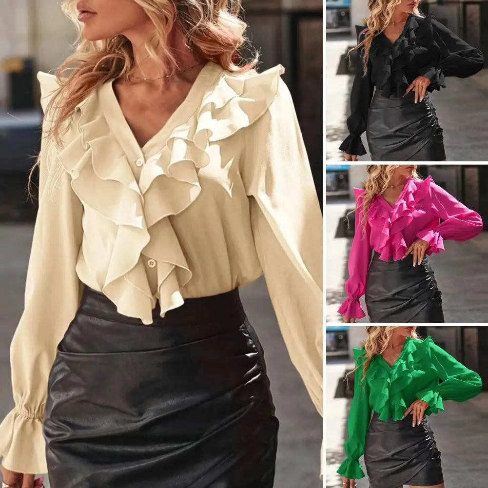 Women Commute Top Elegant V Neck Ruffle Blouse with Puff Sleeves for Women Solid Color Loose Fit Spring Shirt Stylish Ol Commute