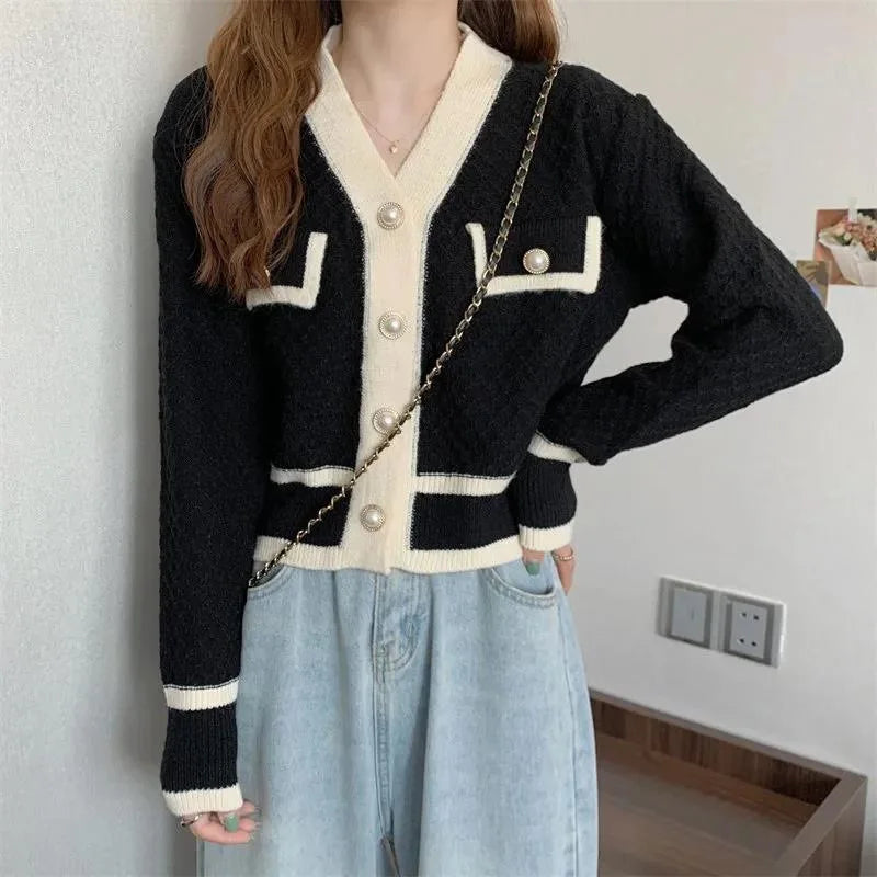 KIMLUD, woman sweater cardigan autumn/winter knitting V-neck long lantern sleeve color splicing woman's clothing dropshipping AYX588, KIMLUD Womens Clothes