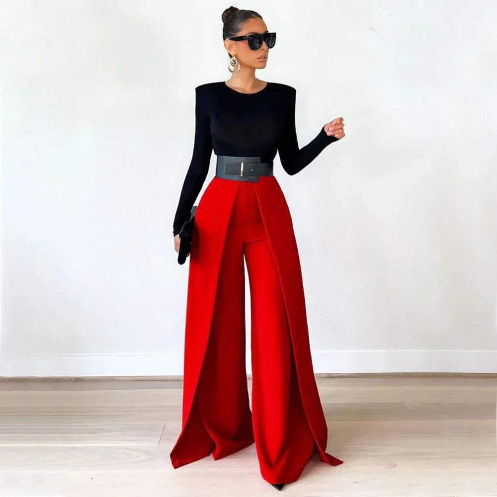 Autumn Winter Solid Color Casual Wide Leg Pants Women Asymmetric  Casual High Waisted Wide Leg Pants Floor Length for Women