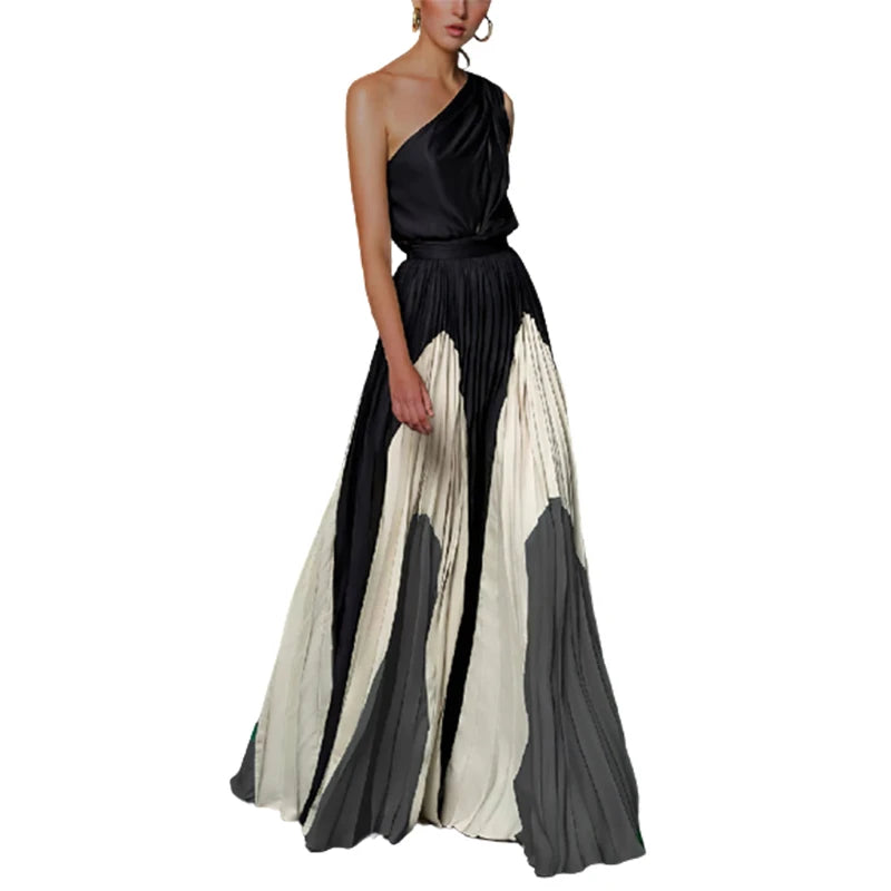 Freeacy 2023 New Female Printed Elegant Chic A-line Pleated Party Dress Summer One-Shoulder Prom Evening Maxi Dresses For Women