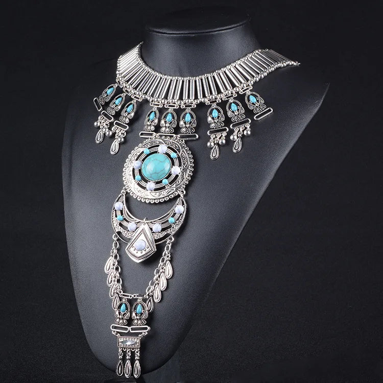 Bohemian Vintage Women's Necklace Gems Exaggerate Ethnic Traditional Necklace Accessories Long Tassels Jewelry Gifts