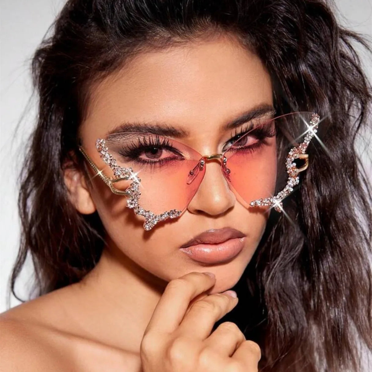 New butterfly shape diamond rimless fashion sunglasses personality exaggerated cool tide men and women models sunglasses