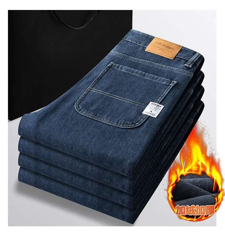 Winter Korean Fashion Brushed Jeans for Men's Thickened Warm Elastic Slim Comfortable Straight Fleece Denim Trousers