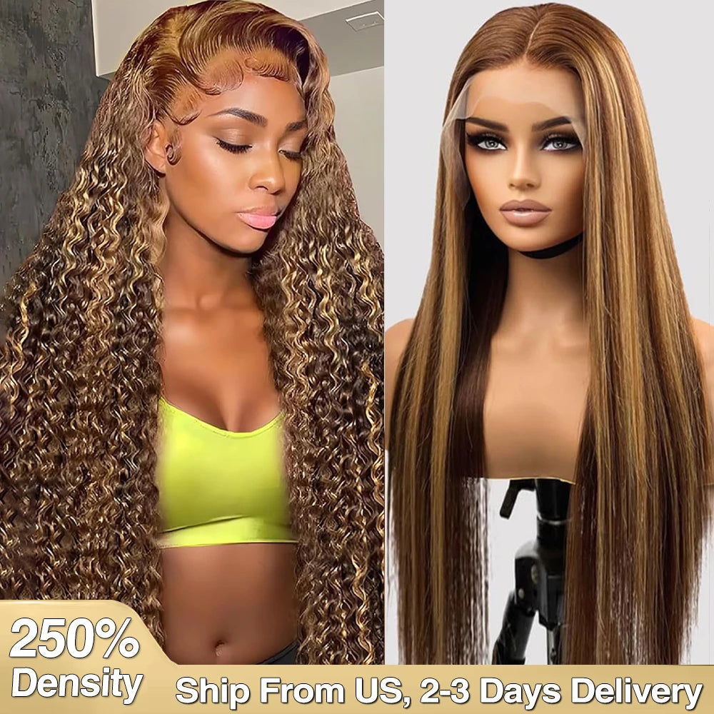 250% 4/27 Highlight 13x6 Deep Wave Lace Front Wigs Human Hair 13x4 Ombre Curly Wig Straight HD Front Wig Human Hair Pre Plucked