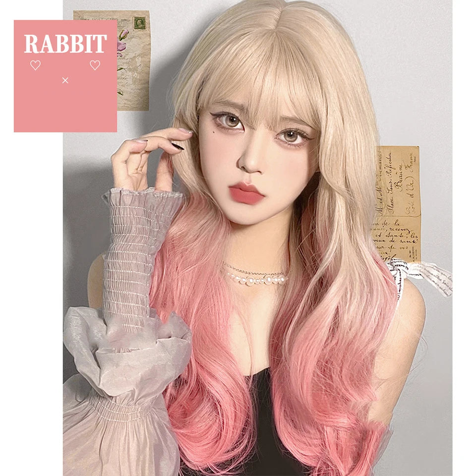 LM Long Natural Wavy Platinum Blonde Pink Wigs with Bangs Cosplay Party Lolita Synthetic Wigs for Women Heat Resistant Fiber