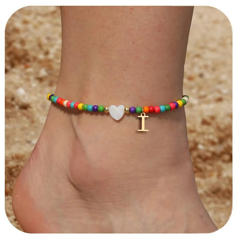 KIMLUD, Rainbow Round Beads Anklet Stainless Steel Love Heart 26 Letters A-Z Pendant Anklets For Women Boho Gold Color Ankle Bracelet, I, KIMLUD APPAREL - Womens Clothes