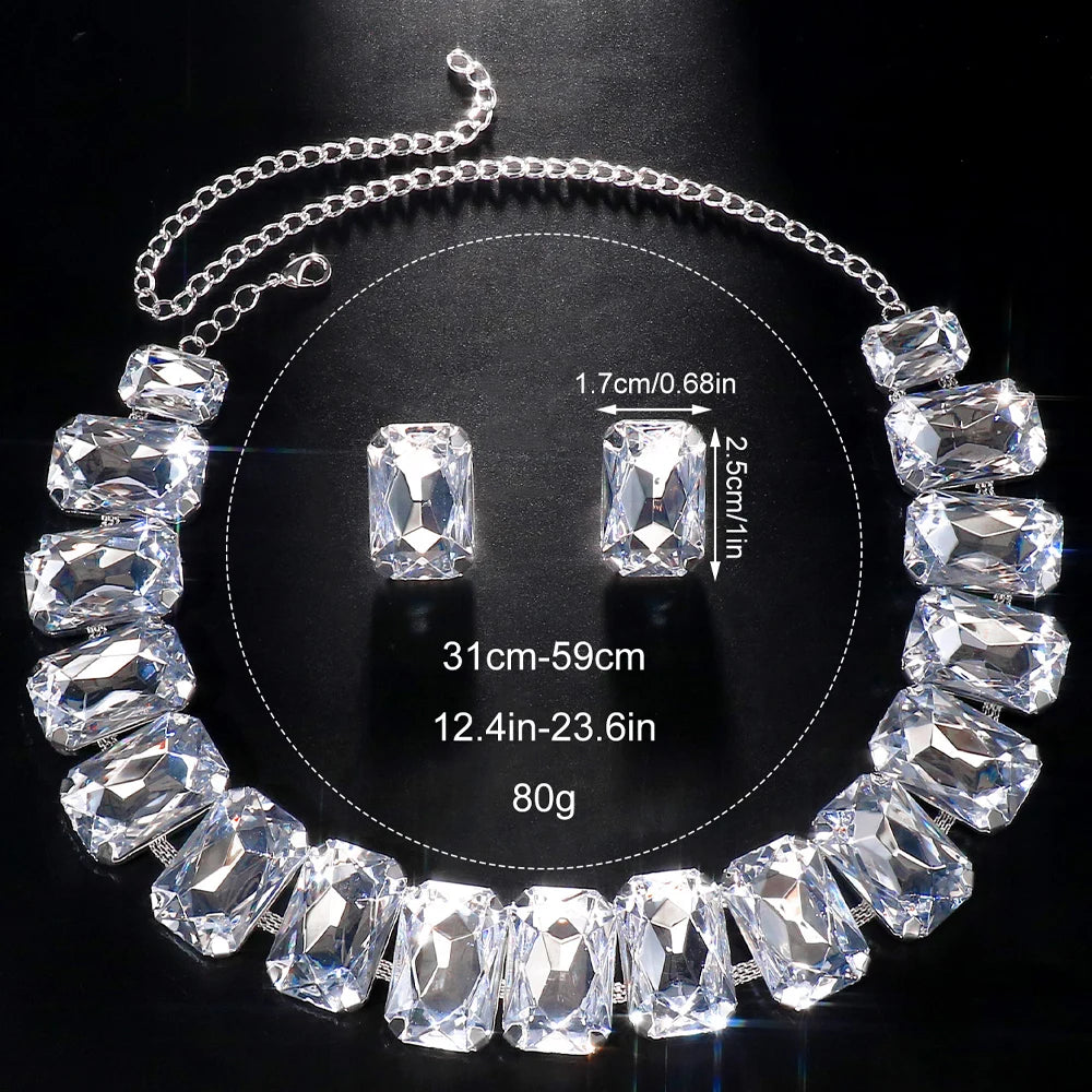 Stonefans Exaggerated Square Rhinestone Choker Necklace Set Trend 2023 Big Crystal Stud Earrings Women Jewelry Set