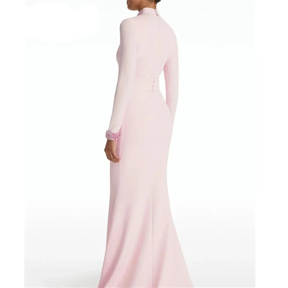 Pink High Neck Crystal Luxury Long Sleeves Mermaid Formal Evening Dress For Woman Floor Length Fashion Classy 2024 Prom Gown