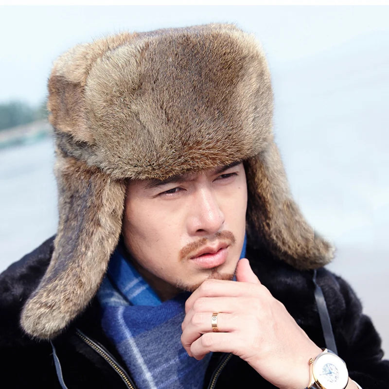 Rabbit Fur Cap Man Winter Genuine 100% Fur Bomber Hat Windproof Warm Earmuffs Male Flat Grey/Black Russian Hat Fitted Casquette