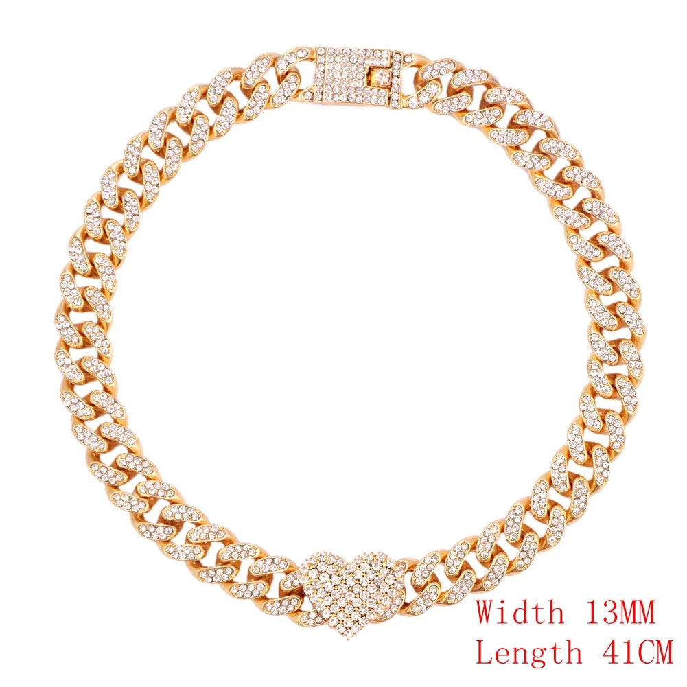 Crystal Heart Cuban Link Chain Necklace for Women 15mm Bling Full Rhinestones Paved Heart Tennis Chain Necklace Hip Hop Jewelry