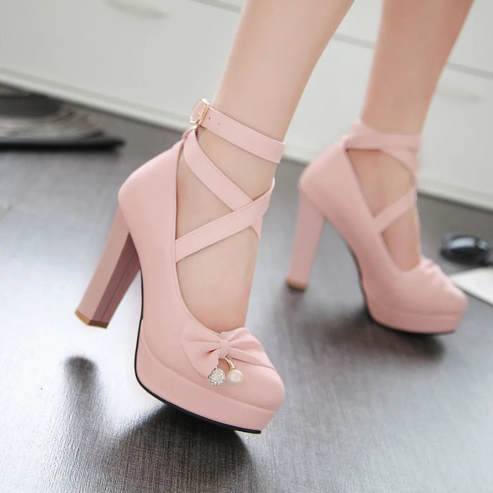 High Heels Women 2024 Trend Chunky Heels Platform Lolita Mary Jane Elegant Party Korean Shoes Dress White The Glossy Fashion