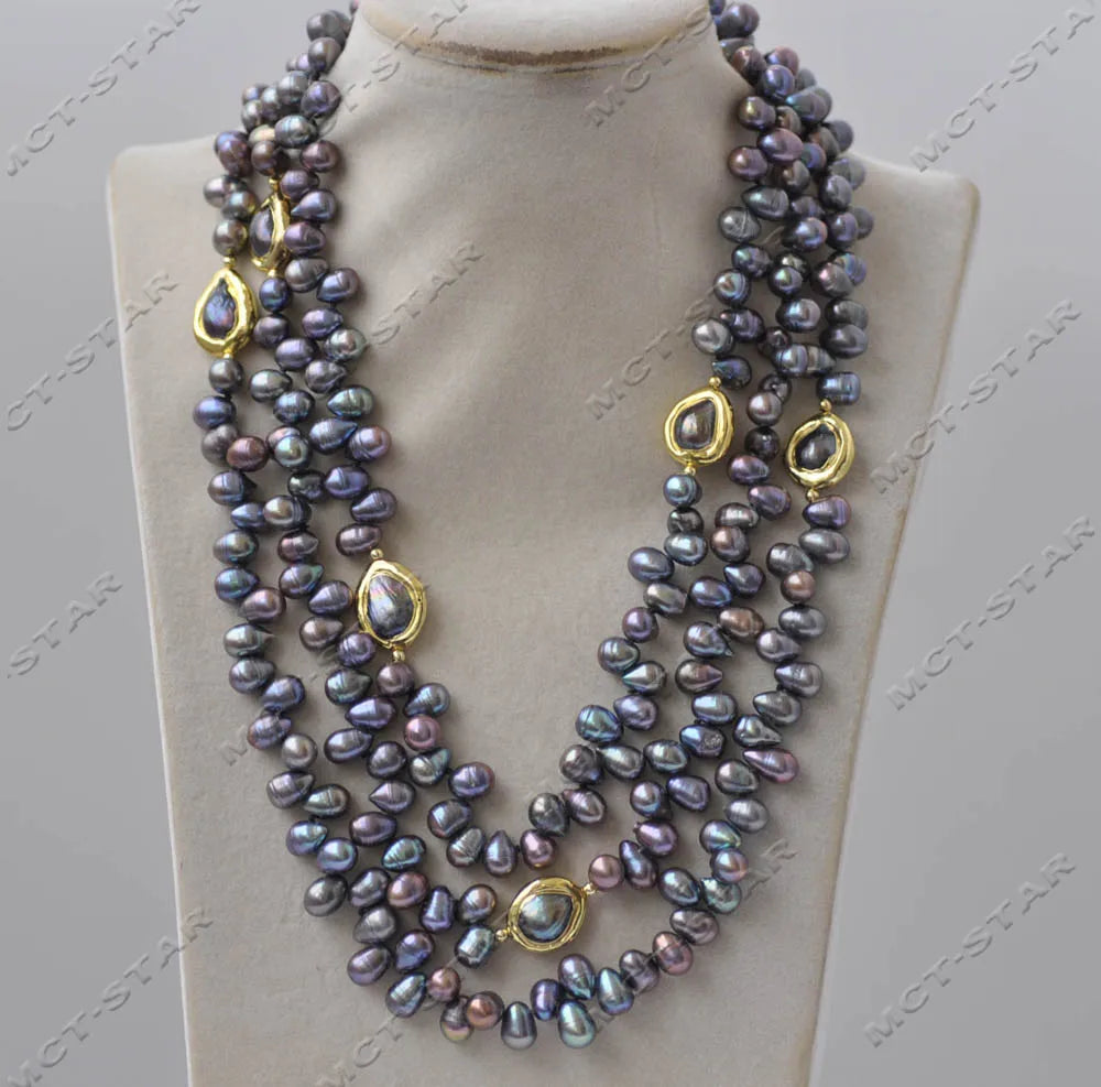 KIMLUD, Z13344 3Row 20" 16mm Peacock Black Rice Gold plated Freshwater Pearl Necklace Custom Jewelry, KIMLUD Womens Clothes