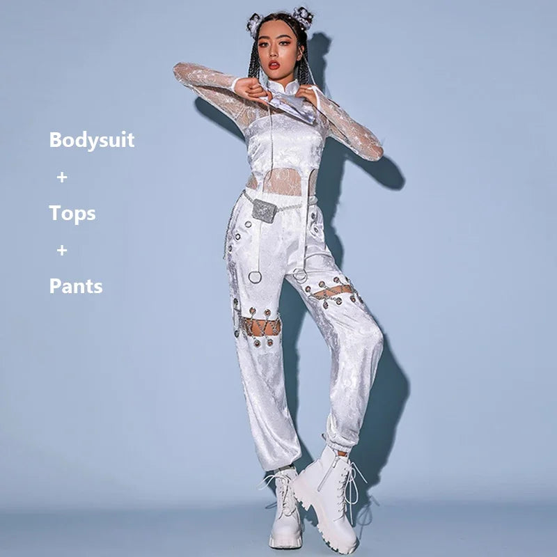 2023New Jazz Dance Costume Women Sexy White Lace Gogo Dancer Outfit Hip Hop Clothes Korean Singer Stage Costume Dj Ds Rave Wear - KIMLUD