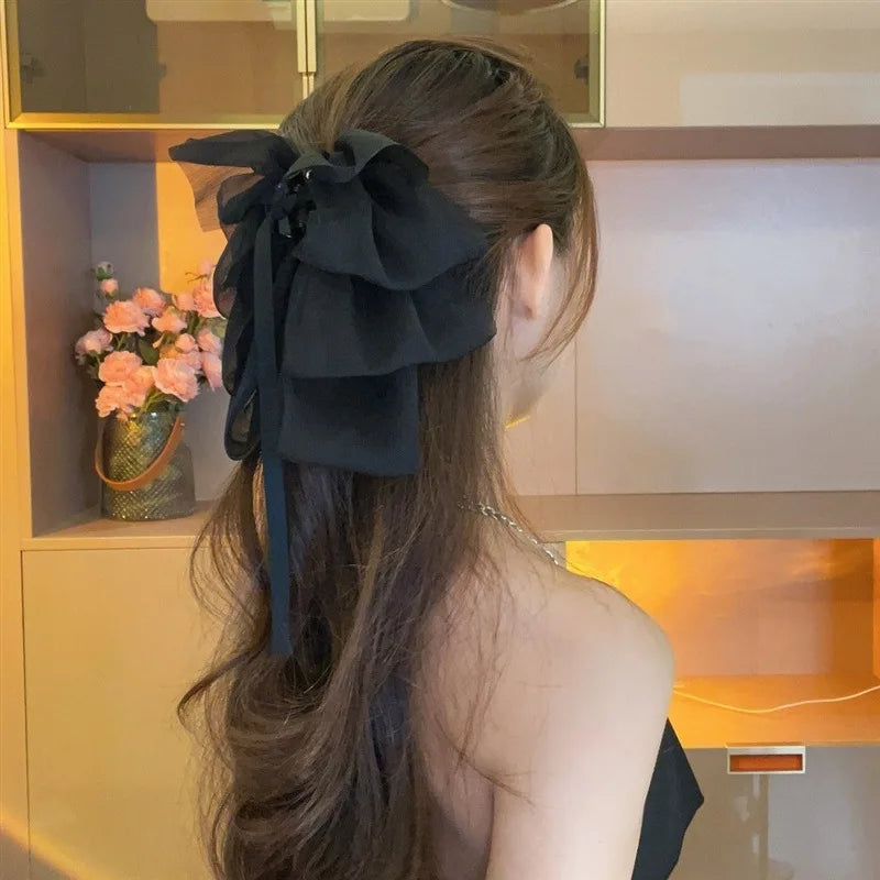 KIMLUD, New Bow Floating Ribbon Grip Clip Girls Elegant Ponytail Braid Claw Clip Retro Luxury Female Hair Card Hair Accessories, KIMLUD Womens Clothes