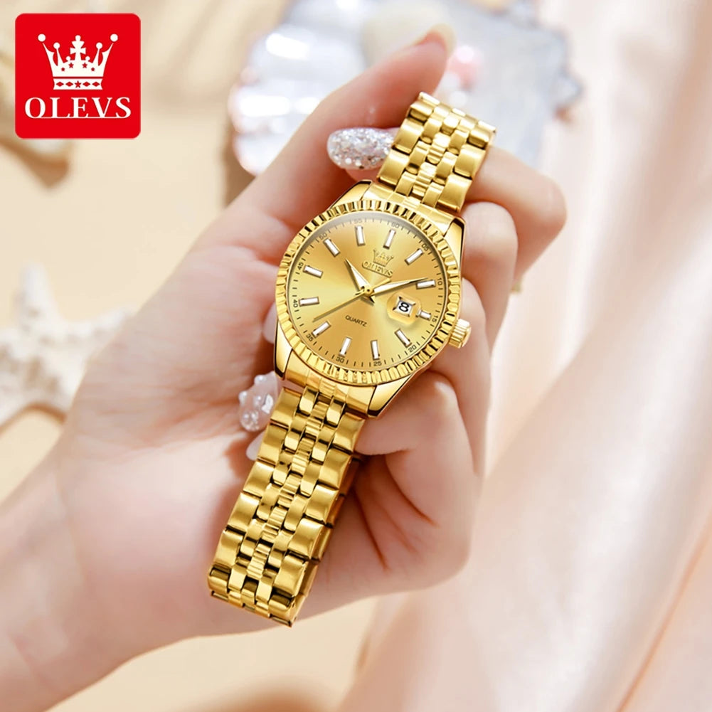 OLEVS Couple Watch Gold Stainless Steel Strap Quartz Watch His and Her Calendar Romantic Lover Original Luxury Male and Female