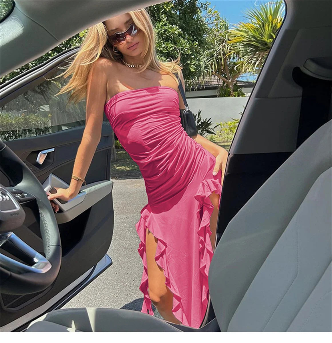 Women Sexy Strapless Off Shoulder Midi Dress Ruffles Split Beach Maxi Dress Elegant Bodycon Summer Slim Fit Party Female Vestido