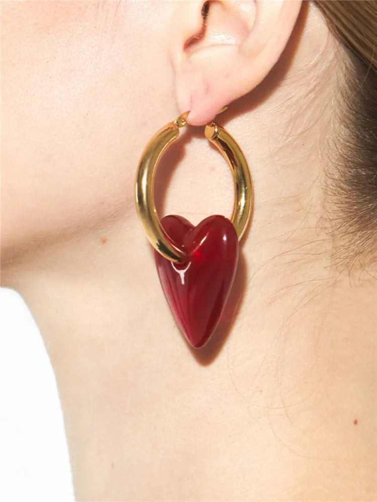 Vintage Red Heart Drop Earrings For Women Personality Big Hoop Earrings Women's Accessories Jewelry