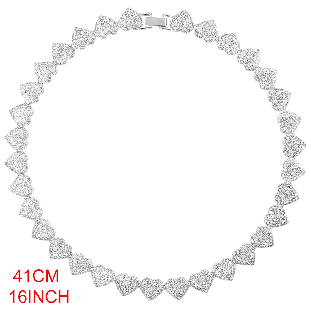 Crystal Heart Cuban Link Chain Necklace for Women 15mm Bling Full Rhinestones Paved Heart Tennis Chain Necklace Hip Hop Jewelry