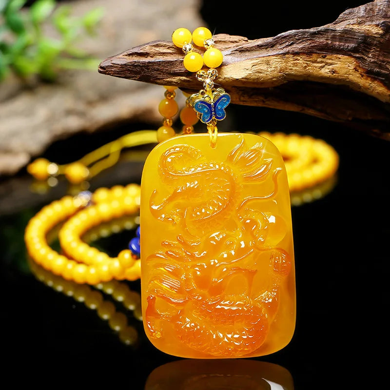 Drainage Gift Beeswax Pendant Women's Water Drop with Shape Sweater Chain Blue Carving Amber Necklace Pendant