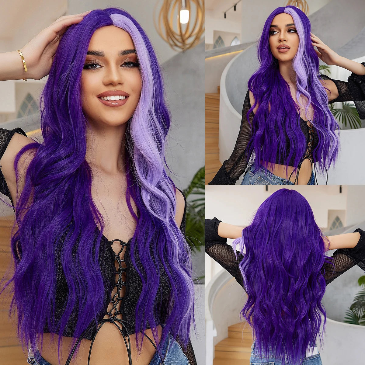 oneNonly Long Purple Wig Synthetic Wigs for Women Wave Cosplay Party Halloween Wig High Quality Hair