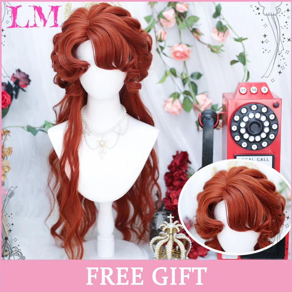 LM Long Natural Wavy Platinum Blonde Pink Wigs with Bangs Cosplay Party Lolita Synthetic Wigs for Women Heat Resistant Fiber