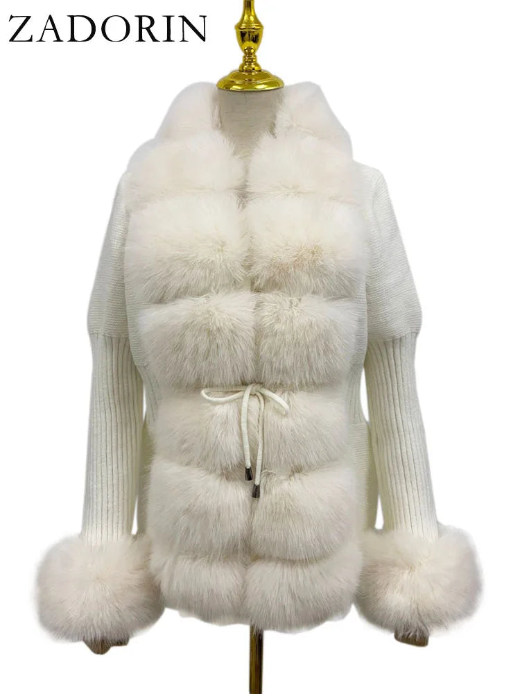 KIMLUD, ZADORIN Luxury Fur Cardigan Knit Winter Sweater Women Elegant Detachable Fur Belt White Pink Black Womens Cardigan Korea Style, White beige fur / XXXL, KIMLUD APPAREL - Womens Clothes