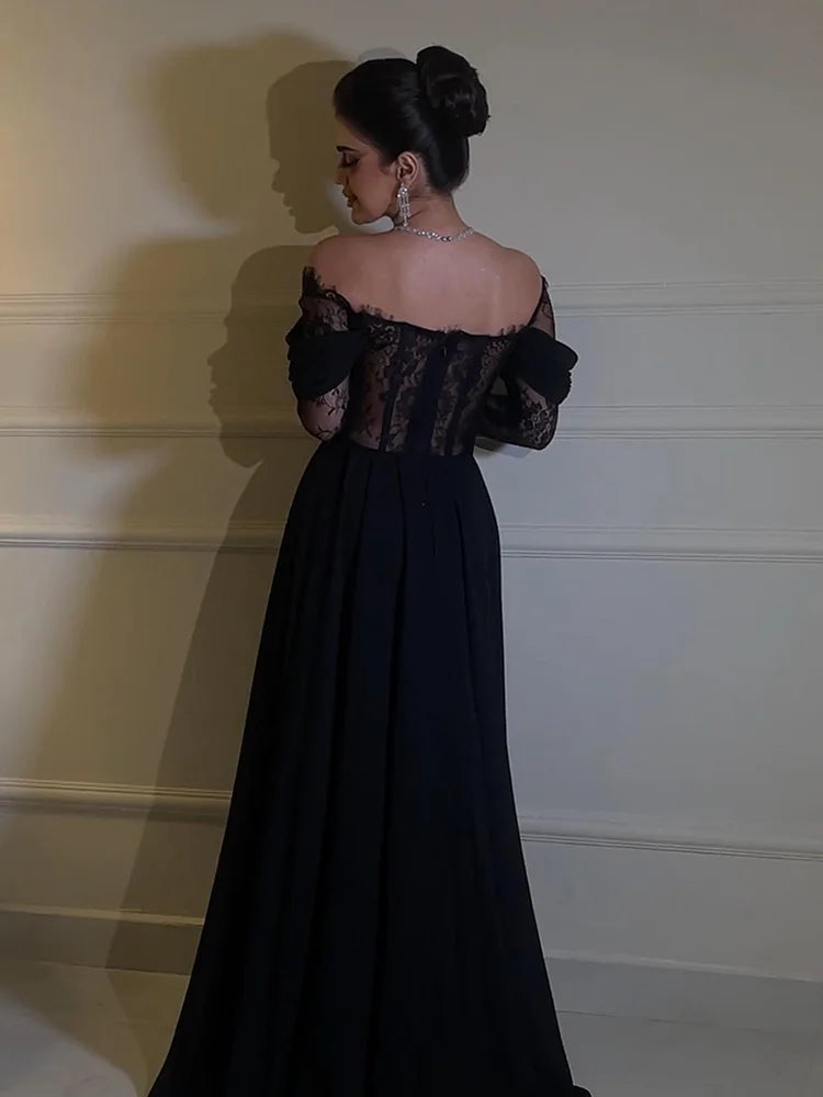 Jirocum Elegant A-Line Prom Dress Women's Off Shoulder Sexy Lace Party Evening Gown Black Floor Length Special Occasion Gowns