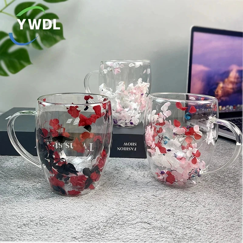 KIMLUD, 350ml Double Wall Coffee Mug With Handles Clear Milk Cups Gifts Glass Cup Fill Artificial Simulation Flowers Teacup, KIMLUD Womens Clothes