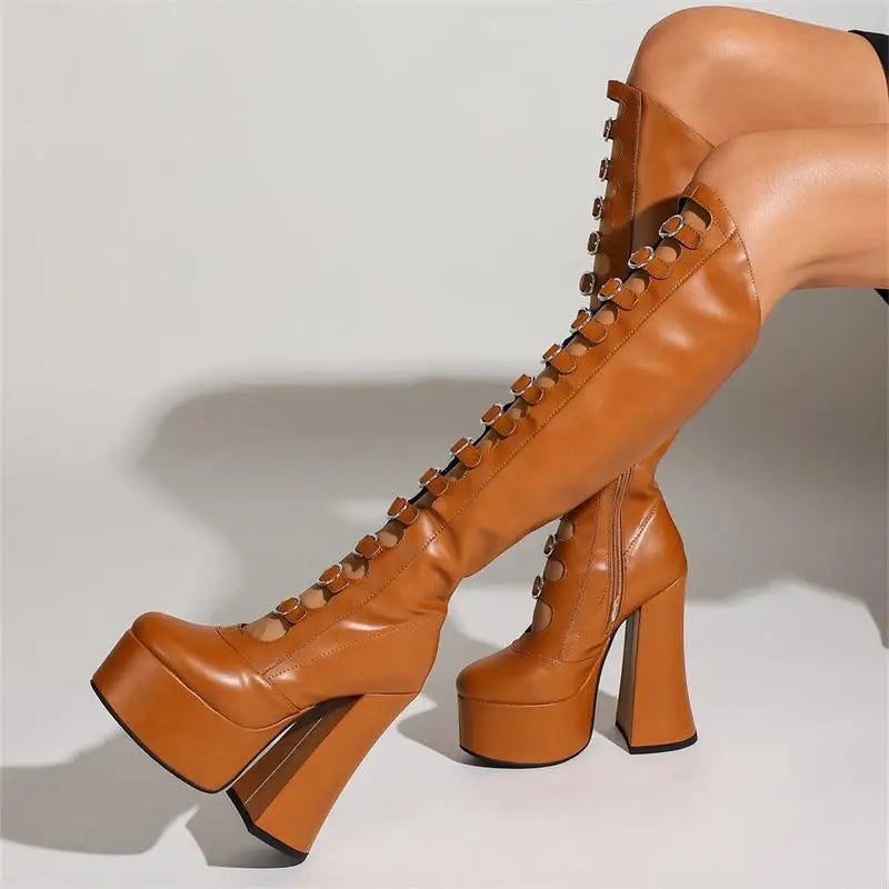 Thick Bottom Hollow Knee High Boots Women Side Zipper Square Heel Pole Dance Female Sexy Shoes Super High Heel Platform Designer