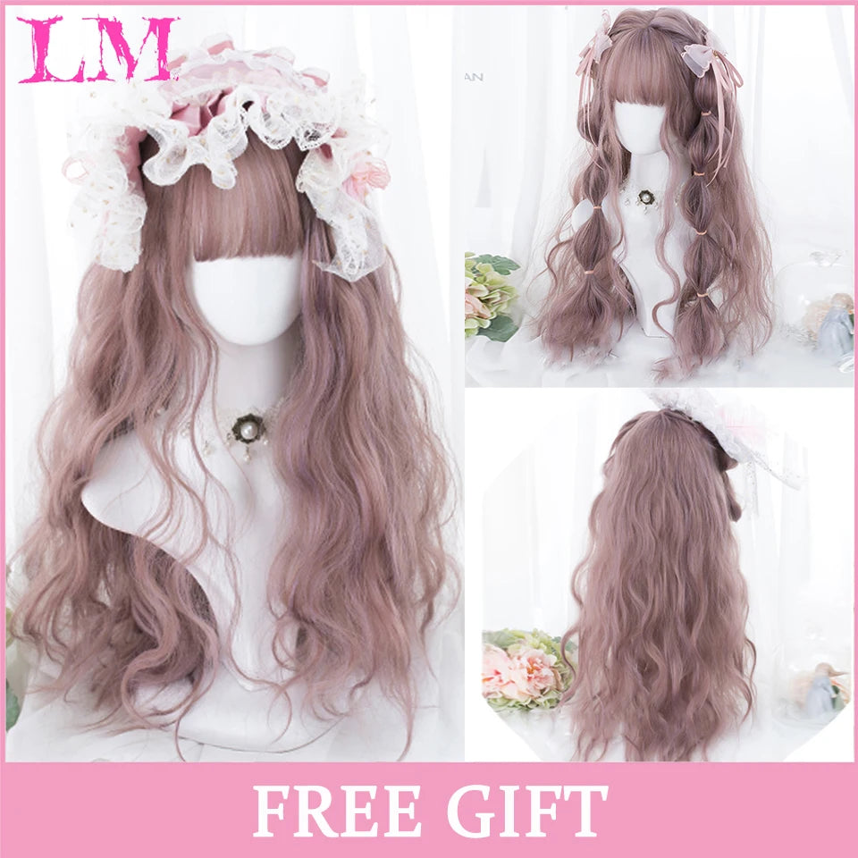 LM Long Natural Wavy Platinum Blonde Pink Wigs with Bangs Cosplay Party Lolita Synthetic Wigs for Women Heat Resistant Fiber