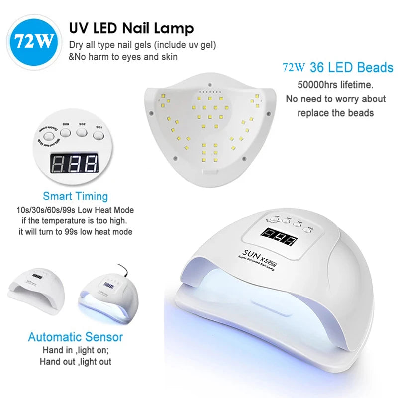 LED Nail Lamp For Manicure 72W Nail Dryer Machine UV Drying Lamp For Curing UV Gel Nail Polish With Motion Sensing LCD Display