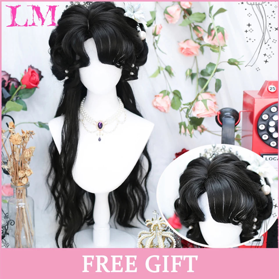 LM Long Natural Wavy Platinum Blonde Pink Wigs with Bangs Cosplay Party Lolita Synthetic Wigs for Women Heat Resistant Fiber