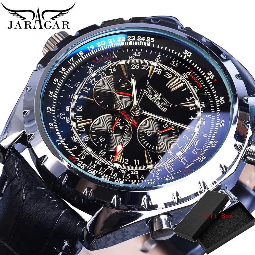 Fashion Jaragar Top Brand Leather Automatic Mechanical Calendar Business Watches Pilot Design Men's Wrist Watch Male