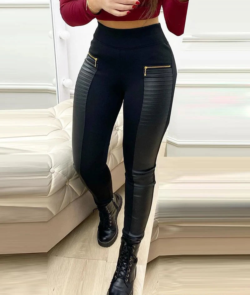 Skinny Pants Women Streetwear Contrast Zipper Detail New Fashion Elegant Leather Casual Bottom Trousers for Female Spring 2024