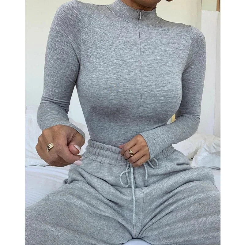 Solid Zipper Bodycon Bodysuits Women Sexy Mock Neck Autumn Long Sleeve Fashion Slim Basic Body Winter Gray Outfits Lady - KIMLUD