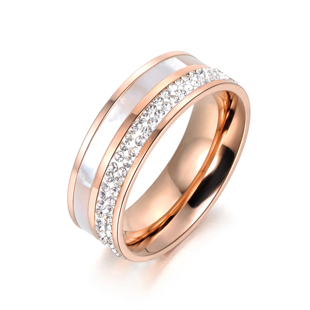 KIMLUD, Lokaer Rose Gold Color White Rhinestone Shell Wedding Rings Jewelry 316L Stainless Steel Engagement Ring For Women Кольцо R18050, R18050R / 9, KIMLUD APPAREL - Womens Clothes