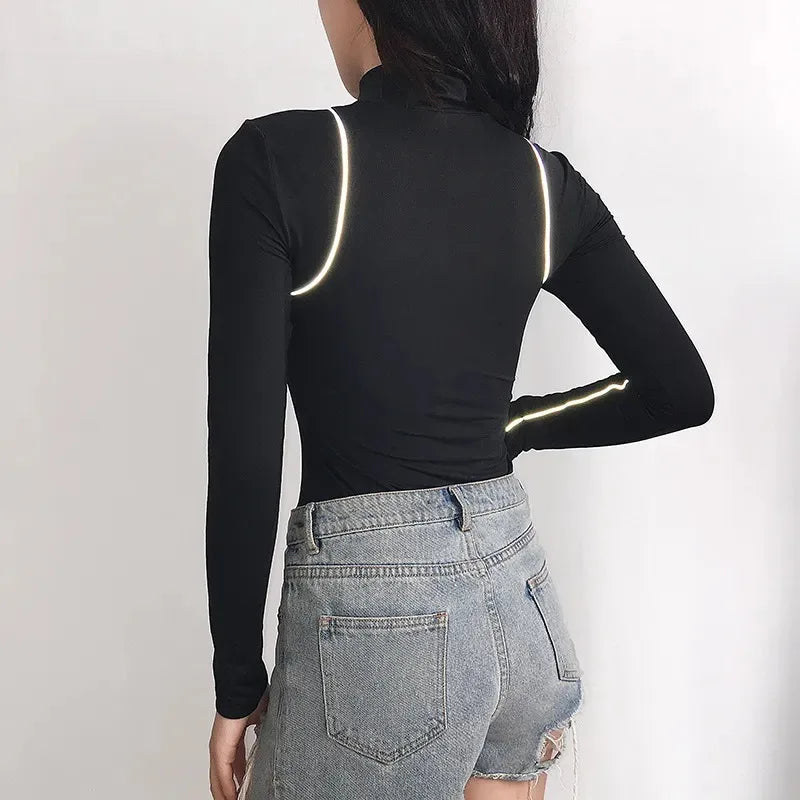 Black High-neck reflective zipper one-piece tops women's tight bottoming sexy body T-shirt Long sleeve bodysuit Women