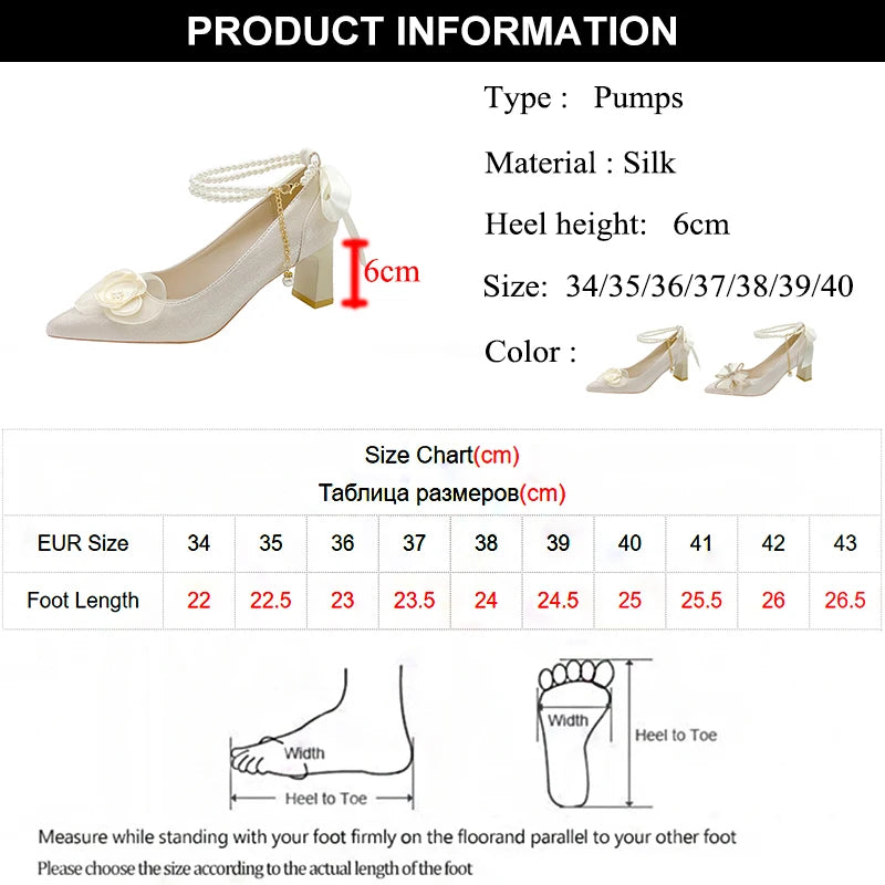 KIMLUD, Bridal Shoes 2024 New Flower High Heel Pumps Women Elegant Pearl Strap Wedding Party Shoes Woman Silk Pointed Toe Zapatos Mujer, KIMLUD Womens Clothes
