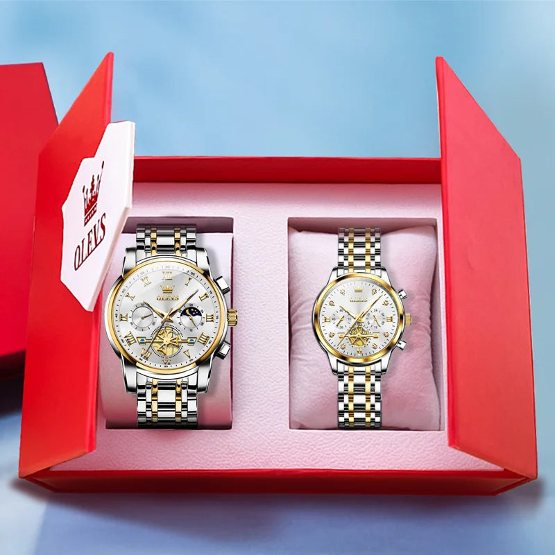OLEVS Luxury Brand Couple Watches Waterproof Luminous Stainless Steel Quartz Watch His and Hers Moon Phase Fashion Lovers Set