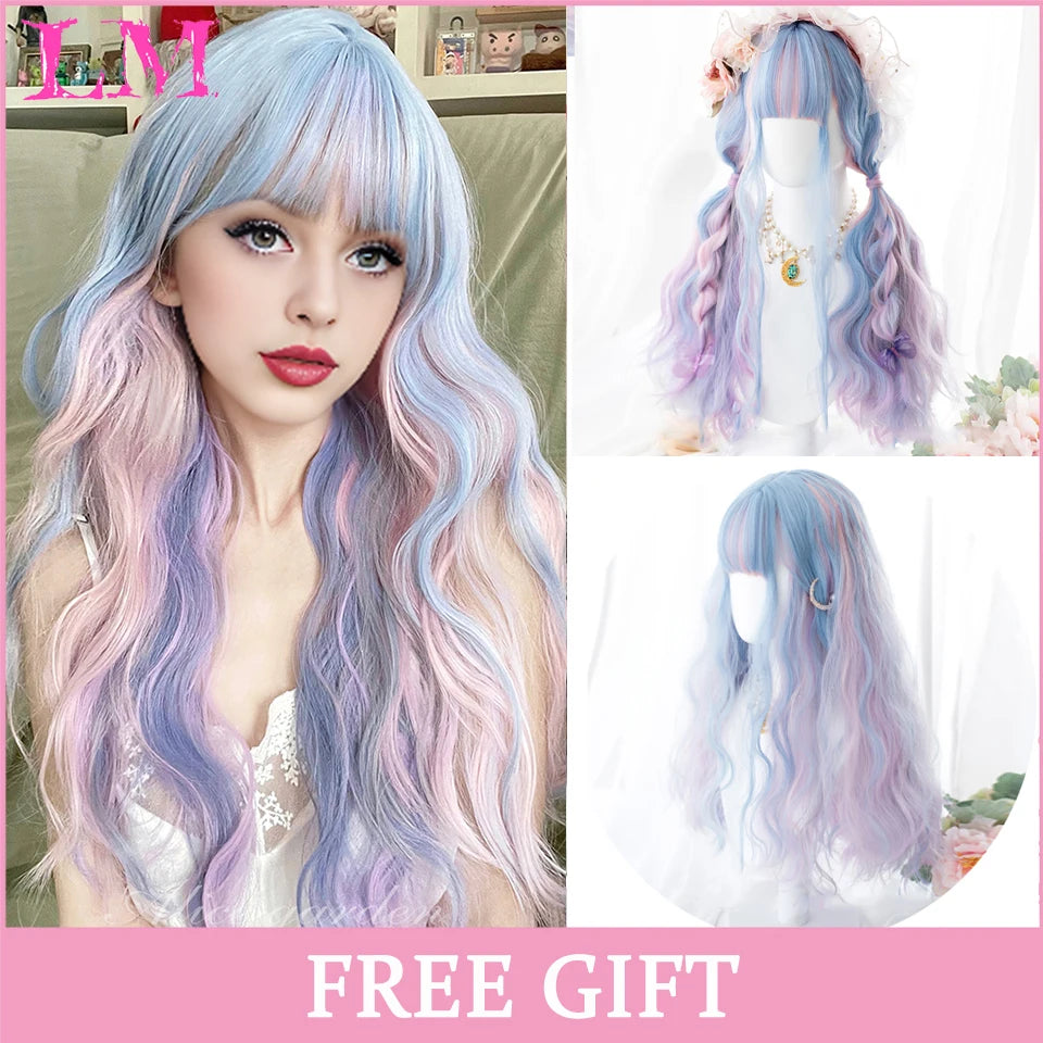 LM Long Natural Wavy Platinum Blonde Pink Wigs with Bangs Cosplay Party Lolita Synthetic Wigs for Women Heat Resistant Fiber