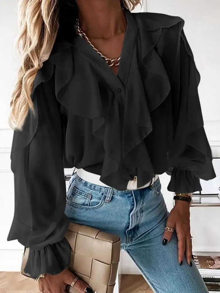 Casual Summer Tops Celmia Elegant Blouses 2023 Party Blusas Women Ruffled Fashion Sexy V neck Long Sleeve Buttons Shirt Feminina