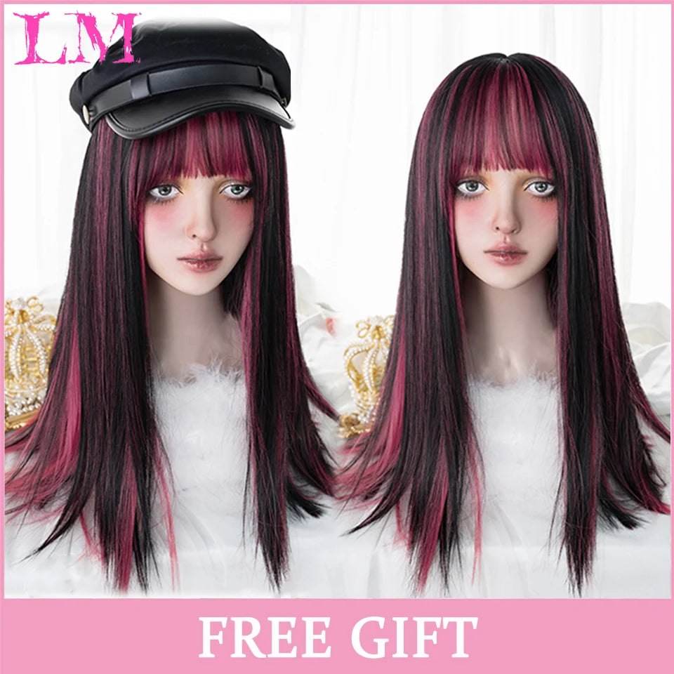 LM Long Natural Wavy Platinum Blonde Pink Wigs with Bangs Cosplay Party Lolita Synthetic Wigs for Women Heat Resistant Fiber